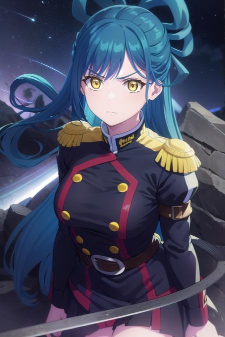 himari azuma, long hair, hair rings, (blue hair:1.5), (yellow eyes:1.3), skirt, thighhighs, epaulettes, military, military uniform, black uniform,