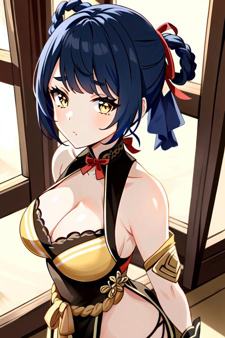 xiangling_\(genshin_impact\), 1girl,  blue_hair, hair_rings, fingerless_gloves, black gloves, pelvic_curtain, yellow_curtain, gloves, short_hair,red_ribbon, chinese clothes, hairpin,east asian architecture, thick lips,small breasts,  (masterpiece:1.6, best quality), (finely detailed beautiful eyes: 1.2), ultra-detailed, illustration,((1girl)),beautiful detailed eyes, looking at viewer, close up, (breast focus), (arms behind back:1.2), (from above:1.1), pink hair, huge breasts, (breasts out:1.3), (off shoulder:1.1), underwear,(full_body) , shiny skin,  <lora:xiangling_first-000003:0.8>