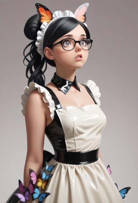 lazympos, butterflystyle, 1girl, maid, headdress made of butterflies, latex dress, long dress, (white apron:1.2), small breasts, black hair, folded ponytail, swept bangs, gray eyes, glasses,  looking up, confused, ?
