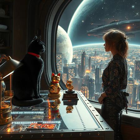 A sleek black cat with red collar sits on a cluttered metal riveted desk with transparent top and micro-LED lighted computer components visible inside, On the desk is a gold and lacquer maneki neko statue and an art deco glass and metal lamp, the Black Cat is looking out of a seamless and futuristic floor to ceiling window that looks out at a planet from low orbit, the planet is covered with the lights of enormous buildings and cities that maintain realistic scale, (((a beautiful woman, 24 years old, is standing next to the desk the cat is sitting on and looking longingly out the window, the woman is dressed in an ornate Japanese style shirt and elegant leather pants with an ornate design. An enormous deco starship with futuristic lighting and an enormous space station are visible in the background among the stars, The woman's hair is messy from just waking up and tied up with a ribbon.  Artistic art deco, dynamic perspective, (((overall architectural aesthetic is Art Deco Cyberpunk))).  Epic image that elicits a feeling of wonder and awe, inspired composition of a master image artist using exact proportionality and exquisite use of colors light and shadows,