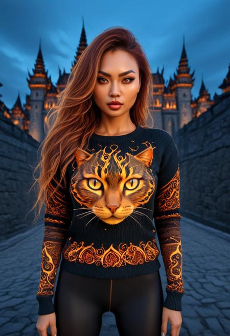 FireDarkstyle, Cambodian woman, asian features, long hair, huge boobs, small waist, fitness body, toned muscle, wide hips, An extreme photorealistic upper body shot of a cat girl with mesmerizing golden eyes and slit pupils. She has long, flowing two-tone hair, FireDarkstyle hair with striking unrealistic beauty. red lips, the skin has tiny imperfections like pores, faint freckles, and slight skin texture variations to add realism. Realistic lip texture with soft lines, slight gloss, and natural color variation. Realistically detailed tear ducts, slightly moist, enhancing the natural appearance of the eyes. Faint, barely visible veins under the eyes, adding depth and authenticity to the skin. Individually rendered eyebrow hairs with natural variation in direction, length, and thickness. Variation in hair strand thickness, with some thinner and finer than others, Gothic castle, lively, luminescent, Majestic castle, big eyes, fully dressed, (FireDarkstyle printed silksweater:1.8), (FireDarkstyle painted castle:1.4), (outdoors:2), CZC, FULL BODY, CLOTHED.
