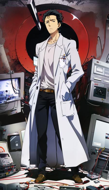 masterpiece, best quality, 1boy, ((okabe)), CRT, messy, wires, floppy disc, detailed background, anime style, <lora:okabe:0.8>