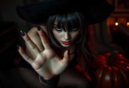 “Close-up of a glamorous woman with crossed bangs, wearing a gothic Halloween costume featuring a witch hat and sheer dark pantyhose. She has an alluring, voluptuous figure with prominent, sensual curves, leaning forward in a playful paw-like pose that suggests heavy breathing. Set indoors at night with a large pumpkin nearby, the scene evokes a spooky yet seductive Halloween atmosphere in monochrome, horror-inspired lighting. Shot with Panavision anamorphic cine lenses for a cinematic, widescreen effect, the viewer’s close, from-above perspective emphasizes her captivating allure within a night vision-inspired horror aesthetic. Anime-styled details enhance the eerie yet intimate vibe.”