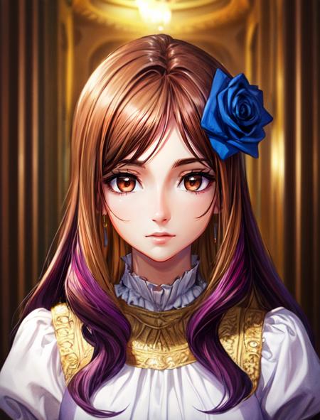 best quality, masterpiece, highres, detailed, digital artwork, <lora:Detail - add_detail:0.2>, QuelleSellier, two-tone hair, brown hair, purple hair, brown eyes, head flower,  blue rose, <lora:Character - QuelleSellier:0.6>, capitol building,