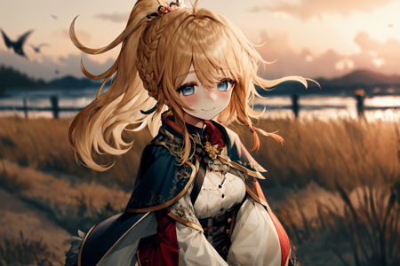 best quality, masterpiece, extremely detailed, detailed background, 1girl, solo, yellow hair, blue eyes, braid, long hair, wavy hair, fluffy hair, ponytail, french braid, blush, smile, capelet, lace trim, bodice, sunset, dusk, scenery, high place, horizon, wind, wind blow, flowerbed, looking at viewer, depth of field, bokeh