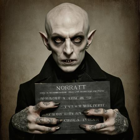 Horror-themed,  <lora:Mugshots style v2:1>
In mugshot style,mugshot background,mugshot wallpaper,mugshot room,crime move style , detailed background
A Mugshot photo of nosferatu a gangsta vampire bald pale skin man with tattoos holding a mugshot
 <lora:Nosferatu:0.5>, Eerie, unsettling, dark, spooky, suspenseful, grim, highly detailed