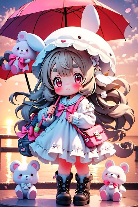 masterpiece,best quality, 1girl, chibi, solo, long hair, looking at viewer, blush, bangs, red eyes, long sleeves, hat, dress, bow, holding, animal ears, very long hair, closed mouth, standing, full body, white hair, boots, bag, white dress, rabbit ears, white headwear, umbrella, brown footwear, stuffed toy, thick eyebrows, stuffed animal, pink bow, teddy bear, shoulder bag, holding umbrella, animal bag, outdoors, sea,sunset,sunshine,sky