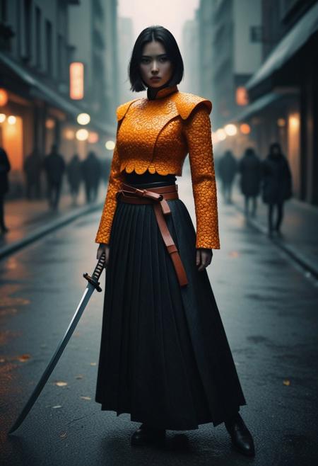 photo of samureai girl,21yo, young, cyber armor made of orange peel, long black intricite skirt, katana in hand, (Dull, naturalistic, (overcast lighting), RAW amateur photo, low-lit, Low-resolution photo, shot on a analog film, dark mood , noticeable noise in dark areas, high contrast, dramatic shadows, noisy, mysterious (noir:0.4), Documentary Street Photography style, (Blurred motion, ghosting effect:1.2)), BREAK (Masterpiece, hyper-detailed, refined details:0.5), (Dull, overcast lighting, amateur photo, low-lit, Low-resolution photo,:1.2) very aesthetic, light that highlights the skin details, focusing on face , (tilt shift, focal point, depth of field, chromatic aberration, soft edges, haze, film grain, blurry background, blurry foreground, vignetting:1.3), deep cold shadows, conceptual, contemporary, absurdres, newest, RAW (Hyperrealism:1.1),( by Alessio Albi:1.6) by (Dan McPharlin:0.6) and (Benedick Bana:0.75), (muted colors:1.3)