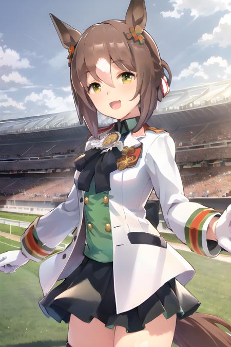 ine motion \(umamusume\), shoubufuku, white jacket, black bow, button, open clothes, green shirt, long sleeves, white gloves, black skirt, dynamic angle, outdoor, short hair, horse racing track, stadium, sky, cloud, perspective, smile, open mouth, looking at viewer