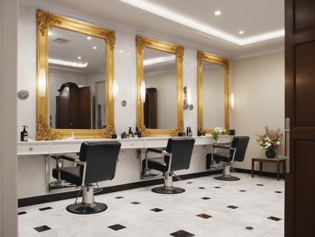 <lora:JJsHairSalon_XL:1>, ((Hair Salon)) , ((best quality)),((masterpiece)),((realistic)), indoors, mirror, reflection, chair, table, photorealistic, authentic, indoor scenery,  highly detailed, stainless, gold, ceiling light, white wall, cup,curtains, glass,,bouquet,tiles,lamp,tile floor,vase