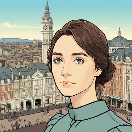 Studio ghibli style illustration of the face of a woman looking at the viewer with a victorian city square in the background,  saoxronan,   <lora:saoronan_juggerX_xl_1_st_wocap_merger_60_111_03_07-saoxronan:1.0>