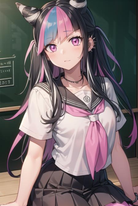 ibukimioda, <lora:ibukimioda-lora-nochekaiser:1>,
ibuki mioda, black hair, blue hair, hair horns, ear piercing, lip piercing, long hair, multicolored hair, (pink eyes:1.5), pink hair, white hair,
BREAK asymmetrical legwear, black skirt, blue thighhighs, jewelry, mismatched legwear, neckerchief, necklace, piercing, pleated skirt, ring, school uniform, serafuku, shirt, skirt, thighhighs, torn clothes, torn thighhighs, zettai ryouiki,
BREAK looking at viewer,
BREAK indoors, classroom,
BREAK <lyco:GoodHands-beta2:1>, (masterpiece:1.2), best quality, high resolution, unity 8k wallpaper, (illustration:0.8), (beautiful detailed eyes:1.6), extremely detailed face, perfect lighting, extremely detailed CG, (perfect hands, perfect anatomy),