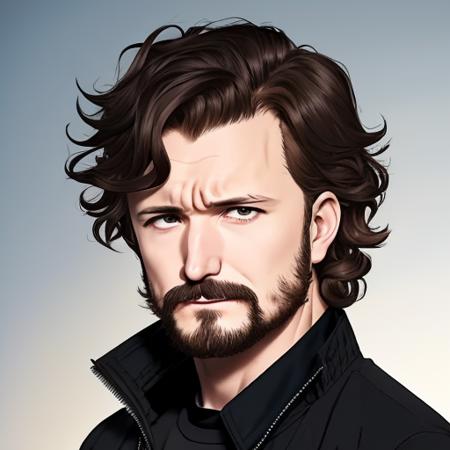 anime style illustration of (NikoPueringer:0.99) a man with short brown curled hair, solo, 1boy, wearing a (black jacket:1.3) with a feathered ruff, (with a beard and facial hair:1.1), (detailed face:1.4), (grey eyes:1.2), open mouth, (with an angry look on his face:1.1), high quality, high detail, masterpiece, art by Tomioka Jirou