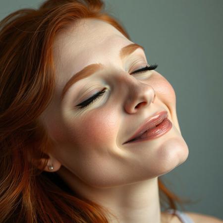 Beautiful redheaded woman with nostrils wide, face flushed, mouth slightly open, head tilted back a bit, eyes half closed, pleased, aroused, head shot