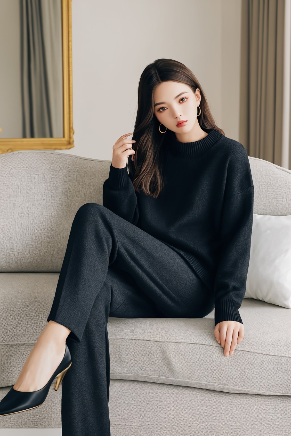 women sitting in a luxurious room wearing sweater and long pants