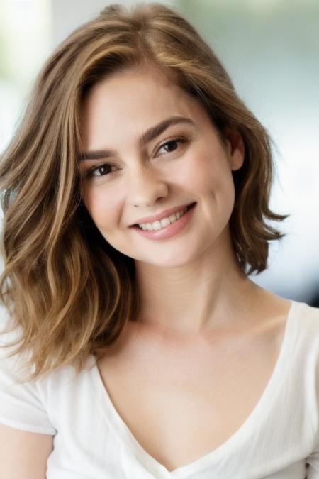 Portrait photo of m4rym00dy woman, detailed face, smiling, (blurred background)+, white tshirt