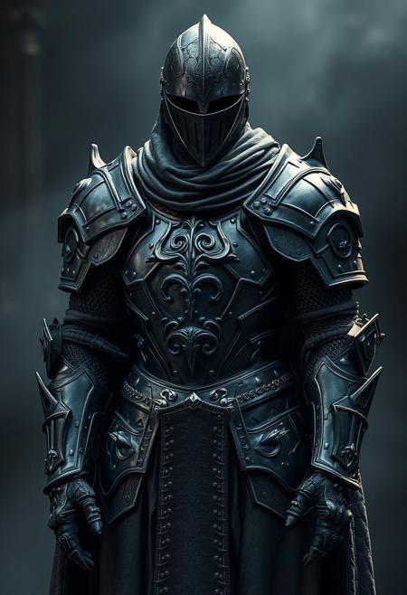 A Highly Detailed Ancient Creepy Looking Suit Of Black Knight Armor With Shadows Leaking from it