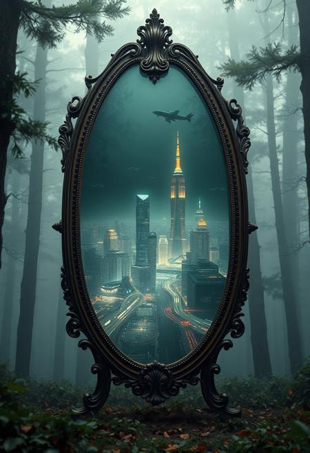 A freestanding, antique mirror sits in a dense, foggy forest, (but instead of reflecting the forest, it shows an entirely different world:1.4). Inside the mirror, a futuristic cityscape with flying vehicles and glowing skyscrapers pulses with life.Hyperrealistic glass textures, intricate alternate realities, and dramatic atmospheric effects.