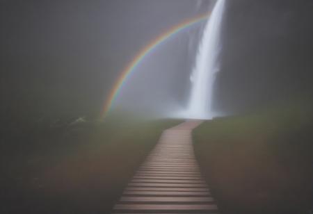 path, water, waterfall, made of rainbow