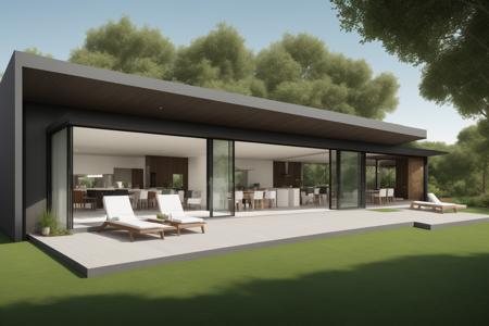 (exterior:1.4) A stunning digital illustration portraying a modern-style villa nestled alongside a serene river, designed by a renowned architect. Drawing inspiration from the works of Bjarke Ingels, the villa seamlessly blends with its surroundings. The illustration showcases the villa's unique architecture, with glass walls and open spaces that invite nature indoors. The color temperature is balanced, enhancing the harmony between the villa and the landscape. The residents' expressions radiate tranquility as they enjoy the waterfront view. Soft, natural lighting bathes the scene in a peaceful ambiance