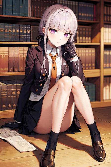 aakyoko, long hair, purple hair, side braid, blunt bangs, hair ribbon, black ribbon, high collar, brown necktie, black jacket, open clothes, long sleeves, black gloves, black skirt, pleated skirt, danganronpa \(series\)