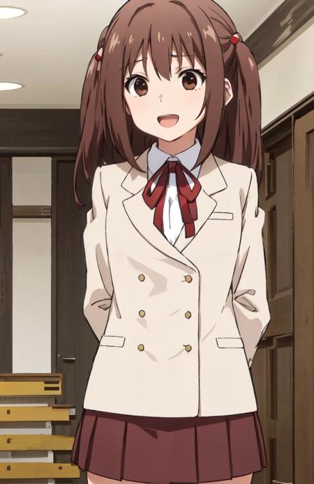 <lora:uchida_yuka_ver1.0:0.65>, uchida yuka, brown hair, long hair, brown eyes, two side up, hair ornaments, flat chest, school uniform, beige blazer, neck ribbon, red skirt, black thighhighs, loafers, open mouth, chestnut mouth
masterpiece, best quality, ultra-detailed, high resolution, super detailed skin, perfect anatomy, detailed, smile, standing, upper body