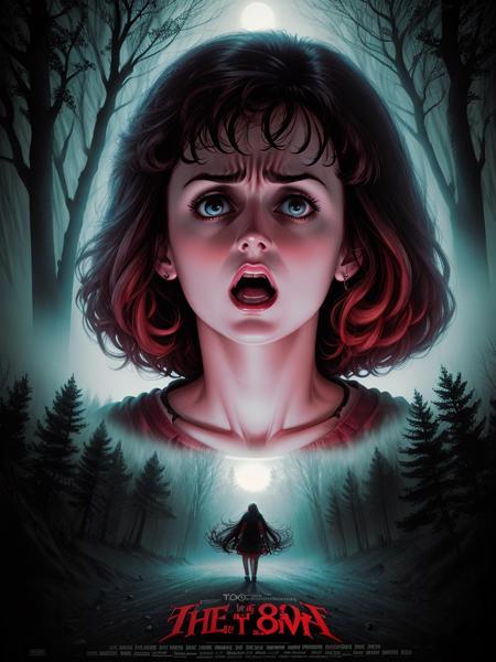 80s movie poster, horror film with a woman being horrified, dark forest background, red bottom text saying Friday the 13th<lora:80s Movie Poster Style:1>