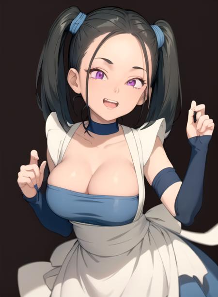 best quality, (masterpiece),(ultra-detailed), (high quality), (high resolution),, <lora:Bouquet:0.7>,1boy, 1girl, ^_^, apron, black background, black hair, bouquet, breasts, choker,  clenched teeth, large breasts, looking at viewer, open mouth, purple eyes, simple background, smile, solo, twintails