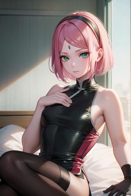 sakuraharuno, <lora:sakuraharunov2-lora-nochekaiser:1>,
sakura haruno, short hair, bangs, (green eyes:1.5), pink hair, hairband, facial mark, (forehead mark:1.2), red hairband, (swept bangs:1.5), (small breast:1.2),
BREAK chinese clothes, dress, red dress, short skirt, black shorts, gloves, black gloves, sleeveless,
BREAK looking at viewer,
BREAK indoors, bed,
BREAK <lyco:GoodHands-beta2:1>, (masterpiece:1.2), best quality, high resolution, unity 8k wallpaper, (illustration:0.8), (beautiful detailed eyes:1.6), extremely detailed face, perfect lighting, extremely detailed CG, (perfect hands, perfect anatomy),