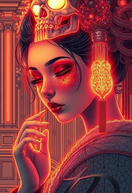 A highly detailed, intricate line-art illustration in the style of Steve McDonald. Detailed hyper realism in the visible body parts (face, hands, legs).
3D rendering, face close-up, CG high model, Elegant [goth geisha] with neon glowing makeup and a holographic skull headdress, in a [red and gold] cyberpunk aesthetic, dark fantasy, anime-style, illuminated by soft neon lighting
, acrylic painting in style Adam Hughes.
The composition features mesmerizing line work, fine architectural detailing in the background, and a play of light and shadow through intricate hatching. The overall aesthetic is serene, introspective, and dreamlike, blending realism with a highly structured, almost meditative pattern-based design.