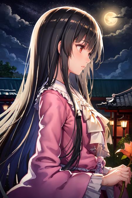 masterpiece, best quality,  <lora:kaguya:1> <lora:style03:1>,1girl, long hair, solo, houraisan kaguya, moon, branch, full moon, black hair, night, leaf, sky, upper body, profile, red eyes, night sky, frills, from side, pink shirt, shirt, flower, bangs, frilled shirt collar, very long hair, long sleeves, autumn leaves, outdoors, maple leaf, lips, star (sky), breasts, sidelocks, brown eyes, starry sky, parted lips, hime cut, cloud, cherry blossoms, blouse, japanese clothes, expressionless, white bowtie