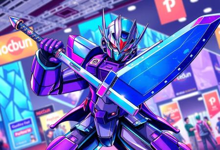 A vibrant and energetic digital illustration, infused with a bold splash ink illustration style and sharp lines, depicting a Yu-Gi-Oh! cosplayer in a powerful, dynamic action pose. The robot-like figure, rendered with super detailed clothes and beautiful detailed eyes, radiates in multi-colored purple and blue, wielding a large, imposing sword with precision in their right hand. Their matching helmet gleams under captivating lighting, set against an attractive background of a convention scene with a distinctive blue and purple building. The overall scene exudes a lively and colorful atmosphere, conveying vivid emotions and a joyful impact. This piece demonstrates contemporary aesthetics and a Grammer Effect Style, with handcrafted precision and an impeccable composition from a creative angle. High Quality, More Detail, Super Detailed Face, Stunning Colors, Harmonious Colors, Balanced Editing, Intentional Focus, Well-timed Moment, Isometric, Powerful Message. CGSociety, Artstation Trending on ArtstationHQ.