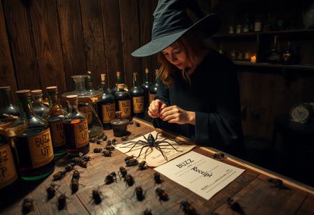a woman is disassembling insect limbs, wearing witch cap and black long dress, focused on her work, in a wooden room full of potion bottle labelled ("BUZZ UP"), the potion glows, on the table there are papers saying ("BUZZ  Receipt"), dead bees scattered on the table, cinematic lighting, dark contrast, old and rusty environment