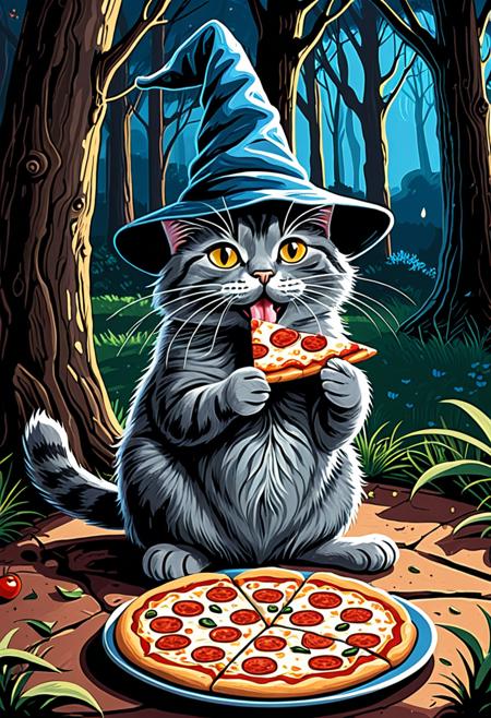 digital painting featuring a whimsical scene with a gray, cartoonish cat as the central subject. The cat is depicted in a seated position, holding a slice of pizza with both paws, and has a surprised, open-mouthed expression. The cat is wearing a large, pointed wizard hat in shades of blue, which adds a magical touch to the scene. The cat's body is rendered with soft, textured brushstrokes, giving it a slightly fuzzy appearance.The background is a dark, almost black, with hints of blue and gray, suggesting a nighttime or dimly lit setting. The background includes a tree trunk and branches, painted with broad, rough strokes, which add depth and a sense of a forest or outdoor setting. In front of the cat, there is a slice of pizza on a plate, and another partially eaten pizza lies on the ground, with visible cheese and pepperoni. The pizza slice on the plate is held close to the cat's mouth, as if it is about to be eaten. The overall style of the painting is whimsical and playful, with a focus on vibrant colors and exaggerated features, making the scene both humorous and enchanting.