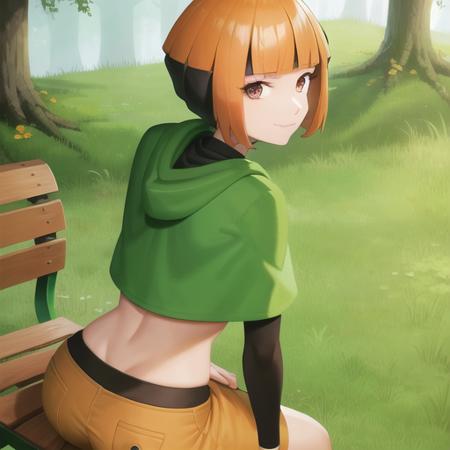 <lora:character_pokemon_gardenia_v1:0.5> forest, 1girl, character_pokemon_gardenia, solo, sitting, on bench, hands on own thighs, from behind, from above, looking back, looking at viewer, smile, closed mouth, poncho, cropped shirt, long sleeves, midriff, shorts