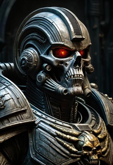 Space marine portrait in the middle of the day, H. R. Giger style but depicted as an oil painting by Rembrandt --ar 2:3 --v 5