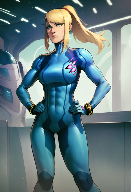 score_9, score_8_up, score_7_up, score_6_up, score_5_up, score_4_up, 1girl, samus aran, green eyes, blonde hair, medium hair, ponytail, sidelocks, 
blue bodysuit,
standing, hands on hips, spaceship background  <lora:DevilHSXLLocon:1>