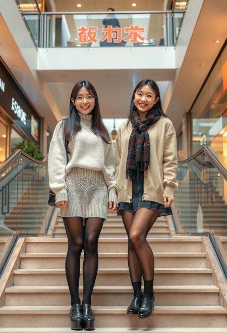 two happy, super beautiful 20 years old Chinese girls standing on the stairs of a shopping mall, wearing pantyhose, full people portrait, ultra quality, hires, photorealistic, outdoor background,