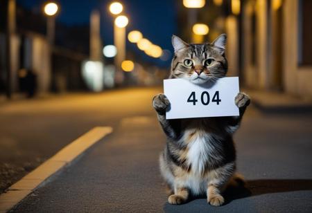 A sad cat on a street, holding up a card board sign with the text "404", background is empty street, no people around, shot at night