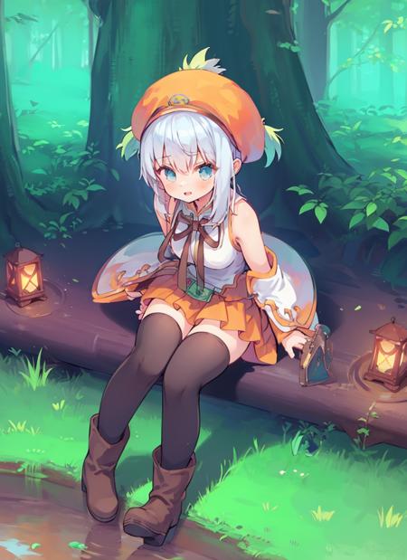 1girl, <lora:lucia:1>,hat,boots,thighhighs,orange skirt,Knee sitting,from above,forest