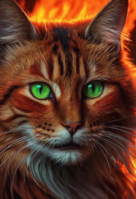 Vibrant fantasy concept art. Close-up portrait. A cat with bright red orange flaming fur and green eyes. High-angle shot. Deep, rich expressiveness like Syd Mead's matte paintings. Embers lighting the whiskers. Soft glows illuminating the irises. Dynamic complementary colors palette. Intricate details. Best quality. Hyper-realistic. 8k resolution. Luxuriant textures. Impactful composition. Expressive concept art. Fantastical creatures. Trending on Artstation. Unreal Engine 5 quality. Cinematic flair. Highly detailed.