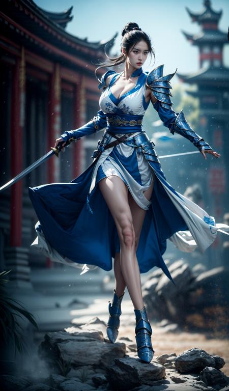 masterpiece, best qualityWhite and blue themeblue and white porcelainoutdoorsexposed collarbone, exposed shoulders(gigantic breasts:0.7),(long legs:1.3),(skinny legs:1.6), (cleavage mole:1.3)Extremely Delicate Beautiful,
Chinese martial arts war scenes, a girl Chinese wearing blue and white porcelain armor,chinese dlothesblue dresslong sleevesswordholding weapon(full armor:1.5)gauntletssheathpauldrons
chinese ink style, martial arts style, Chinese fairy tale,highly detailed, dynamic, cinematic, stunning, Chinese architectureeast asian architecture Milky skin, shiny skin
A shot with tension(sky glows red,Visual impact,giving the poster a dynamic and visually striking appearance:1.2),Chinese Zen style,impactful picture,
<lora:blue and white porcelain_20230903005832:1>