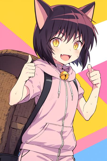 (masterpiece_1.3), (best quality_1.2),kuronekosuzu,1girl,solo,takahashi_rumiko,fang,open mouth,looking at viewer,petite,small_breasts,animal ears,cat ears,black hair,short hair,cat girl,bell,tail,cat tail,yellow eyes,slit pupils,neck bell,smile,  <lora:20_kuronekosuzu:0.8>thumbs up,hoodie  long sweat pants fedora Backpack