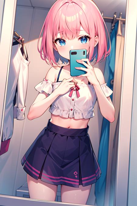 masterpiece, best quality, mirror, selfie, flat chest, crop top, miniskirt, changing room, short hair, pink hair, blue eyes, dress, 1girl,