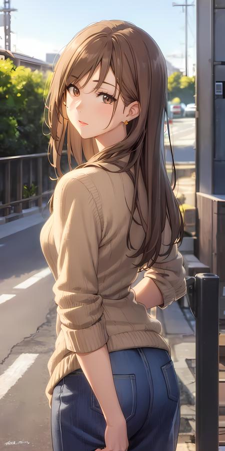 (masterpiece:1.2, best quality), (finely detailed beautiful eyes: 1.2), cowboy shot,   (extremely detailed CG unity 8k wallpaper, masterpiece, best quality, ultra-detailed, best shadow), (detailed background), (beautiful detailed face, beautiful detailed eyes),  1girl, ninomiyashizuku, brown eyes,  long hair, sweater, pants,      jewelry, earrings,  High contrast, beautiful sexy woman, adult, (best illumination, an extremely delicate and beautiful),(simple backround, outdoors,front on ), looking at viewer,beautiful detailed glow,