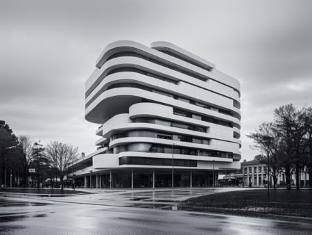 RAW photo, (avant garde building from outside), frontal elevation, curvilinear, white sky, (diffused light:1) <lora:MIR-v3:0.6> (translucent white glass), white concrete, contemporary brutalism style, by Gaudi, fog, (warm interior light:1), (open plaza), architecture photography, hyper realistic, super detailed, 8k, Nikon Z6 Mirrorless Camera, film grain