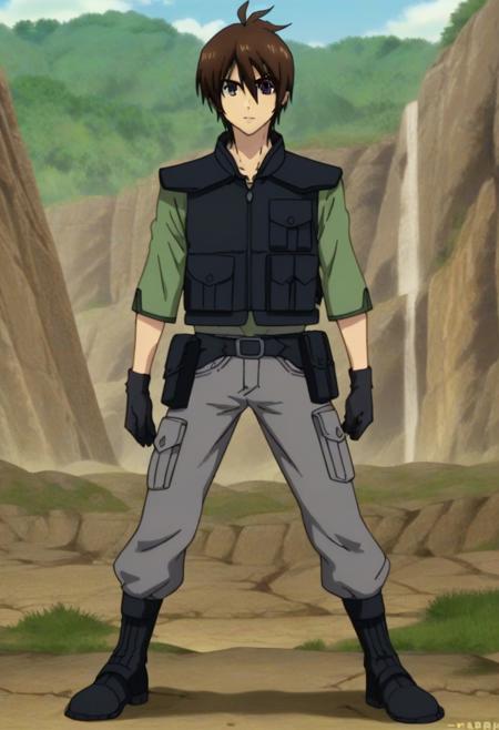 Tusk brown hair purple eyes necklace, green shirt, gray pants black army vest, black gloves, black boots