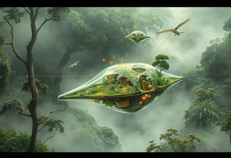 In a speculative drawing collage style, a biotech simbiogenetics bank micro ecotone is depicted as a sleek, fractal-like structure embedded within a lush, humid fog-filled environment. The compact symbiotic design, grounded in amphibious principles, features inflatable deployable structures that disperse seeds, vegetation buds, nutrients, and pollinators through various methods including ballistic, wind, and water. This intricate system is seamlessly integrated with atmospheric rivers, connecting the Amazonia Forest to the Chingaza Paramo, showcasing the interconnectedness of regional ecosystems in a highly detailed, wide background.