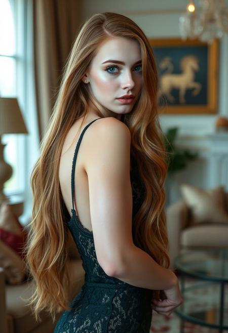 a gorgeous 20 years old Caucasian woman, very pale flawless skin, very long ginger hair flowing freely, long brown eyelashes, brown mascara, blue eyeliner, big green eyes, peach smokey eyes eyeshadow, luscious sensual cherry glossy lips, rosy rouge, sexy elegant curves, long dark green sexy lace dress, leaning to side sensually, looking at viewer sensually and dominantly, luxury living room