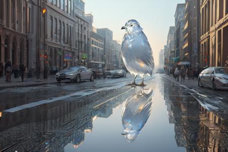 realistic full body glasssculpture of a bird, translucent, transparent, detailed cityscape background, street, reflections, dramatic lighting, illustration by Greg rutkowski, yoji shinkawa, 4k, digital art, concept art, trending on artstation